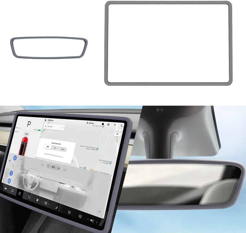 Yeapop 2Pcs Silicone Protector Frames of Screen and Rear View Mirror for Tesla Model 3 2017-2023 and Model Y 2019-Feb.2025. (Gray) - Image 1